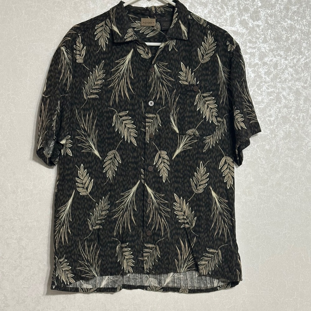 AXIST Mens Short Sleeve Button Up Shirt Tropical Leaf‎ Print Black Beige Sz M